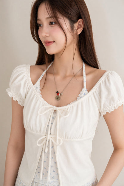 Petitne 小花柄ホルターネック レイヤード パフスリーブ トップス 2