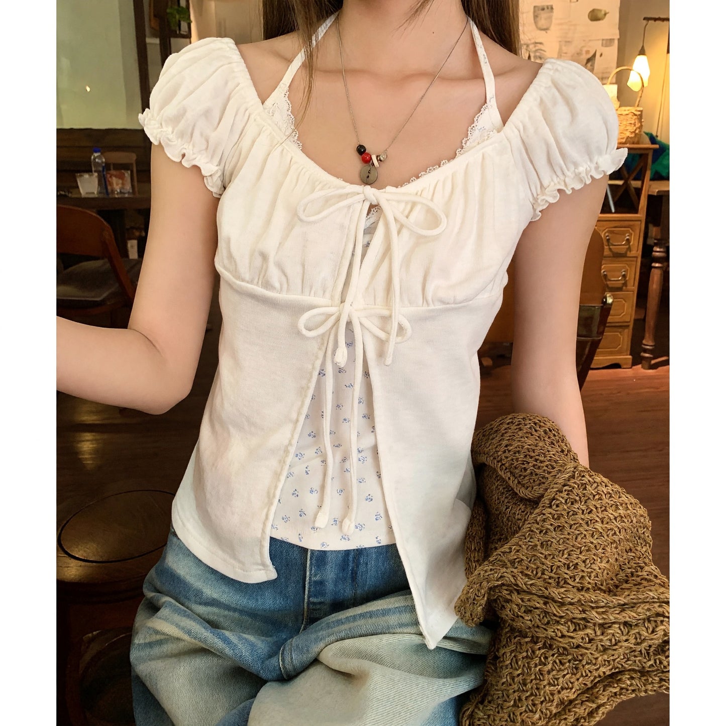 Petitne 小花柄ホルターネック レイヤード パフスリーブ トップス 3