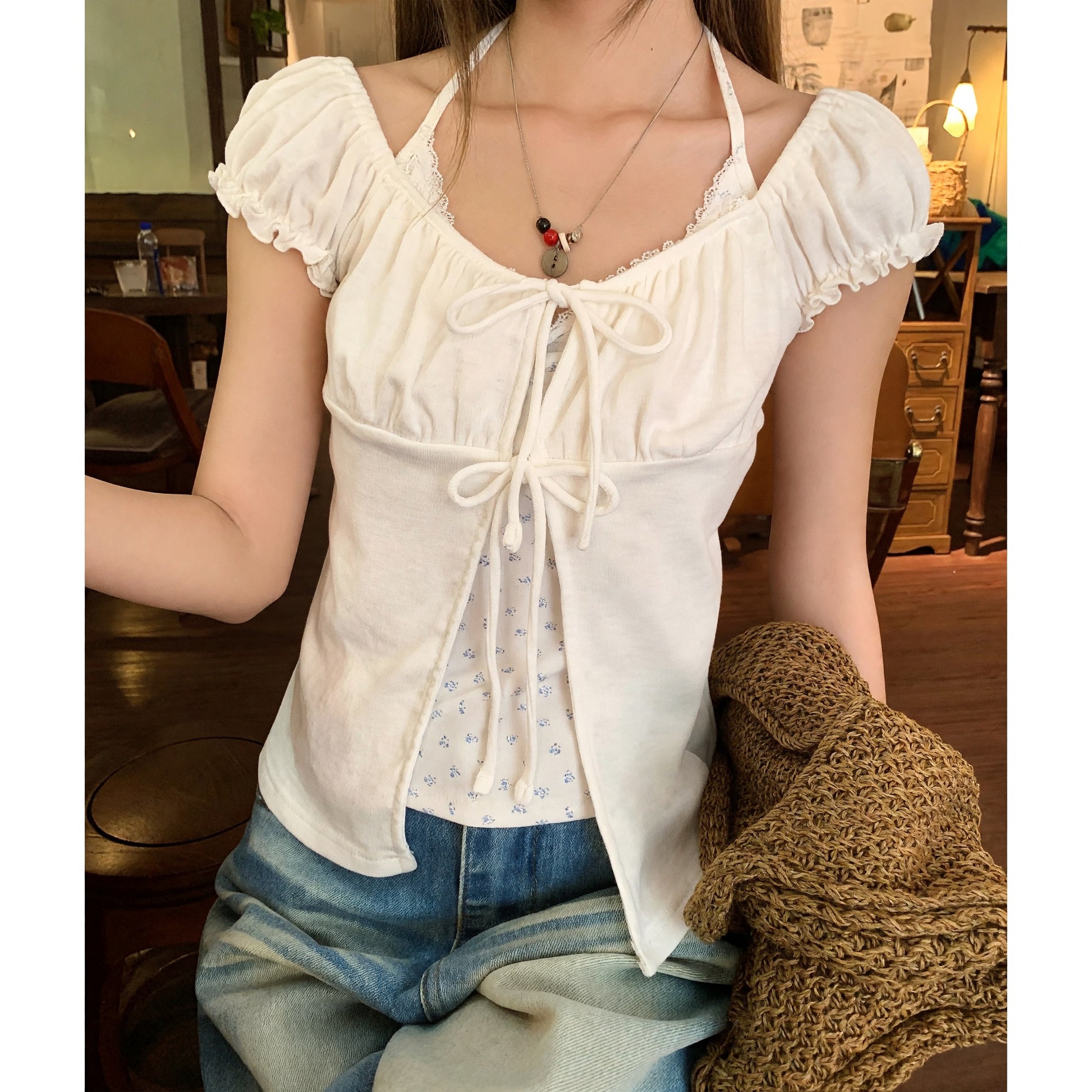 Petitne 小花柄ホルターネック レイヤード パフスリーブ トップス 3