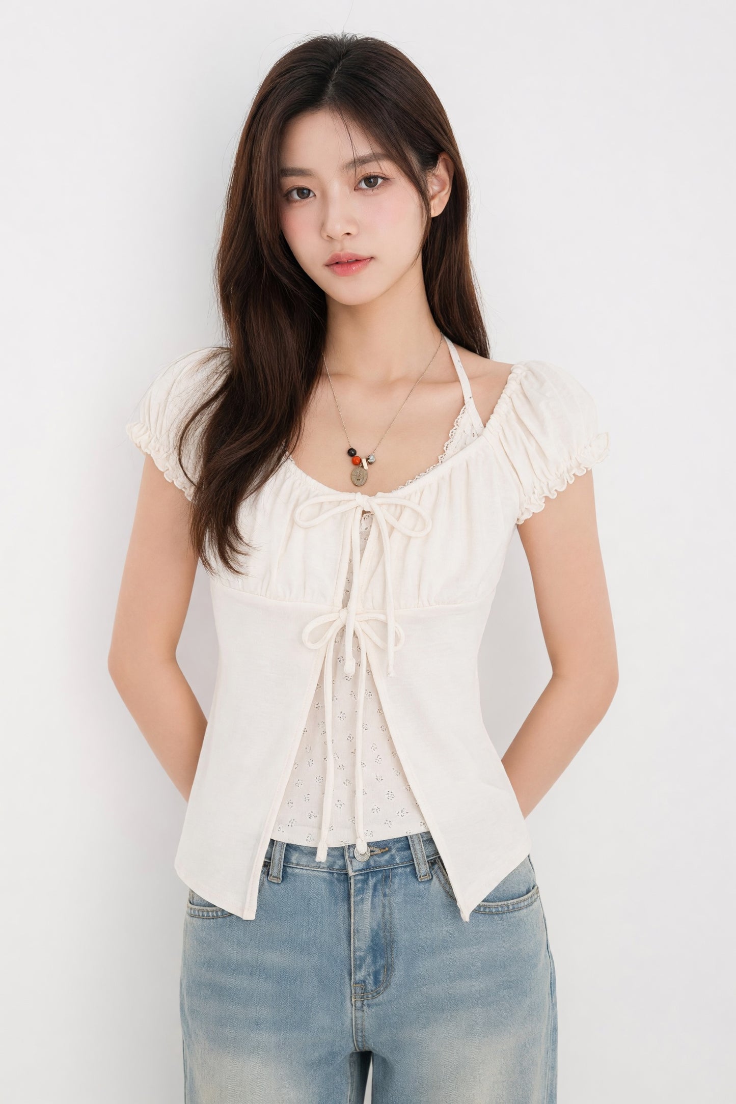 Petitne 小花柄ホルターネック レイヤード パフスリーブ トップス 1