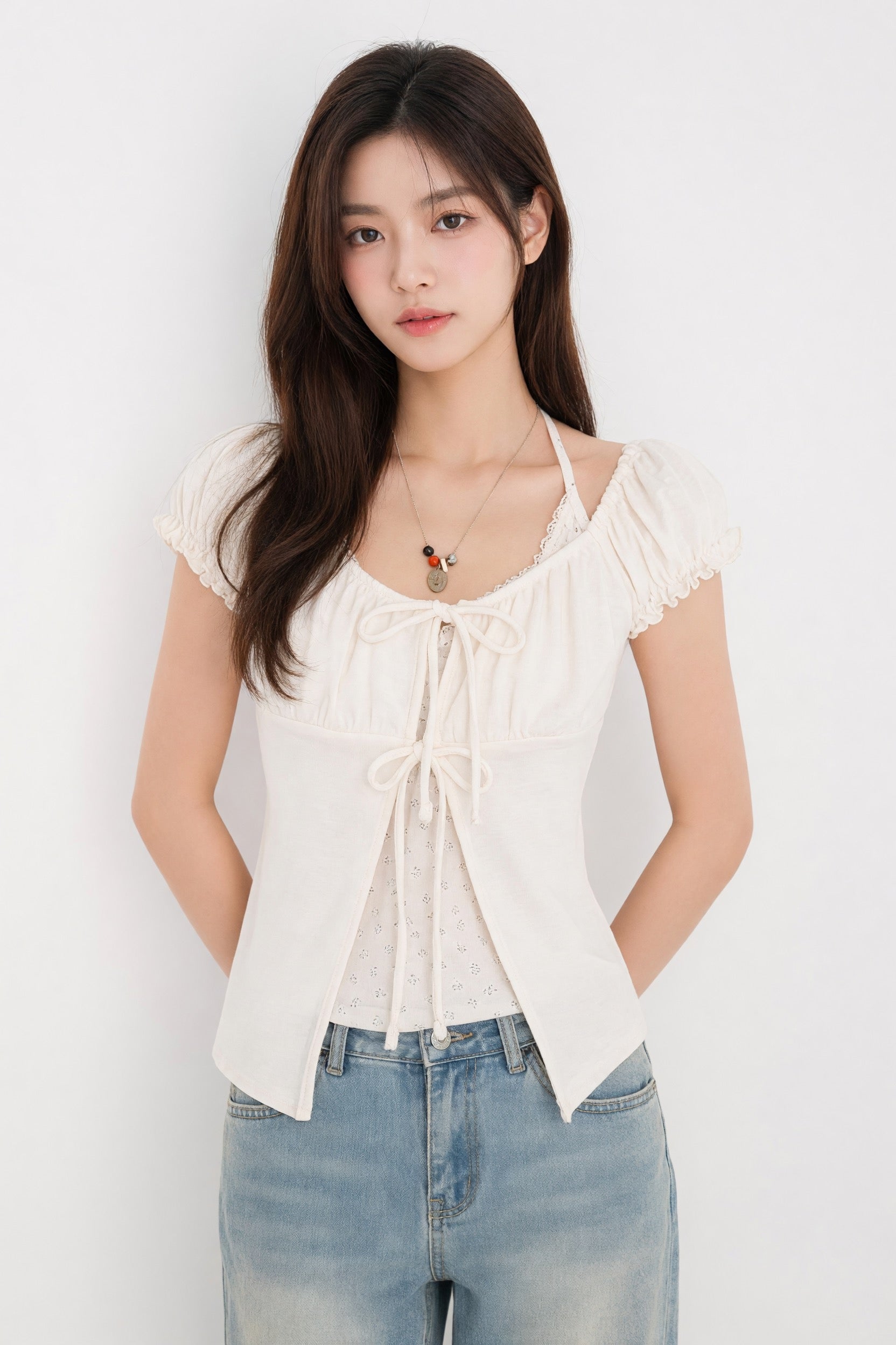 Petitne 小花柄ホルターネック レイヤード パフスリーブ トップス 1