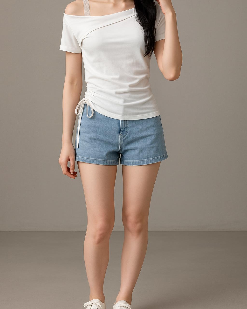 サイドリボンオフショルドレープトップス
